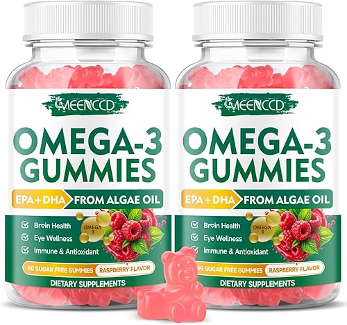 Paquete de 2 gomitas Omega-3 de 1000 mg, aceite de pescado alternativo de Omega 3 para adultos, DHA a base de algas 600 mg y EPA 300 mg + vitaminas