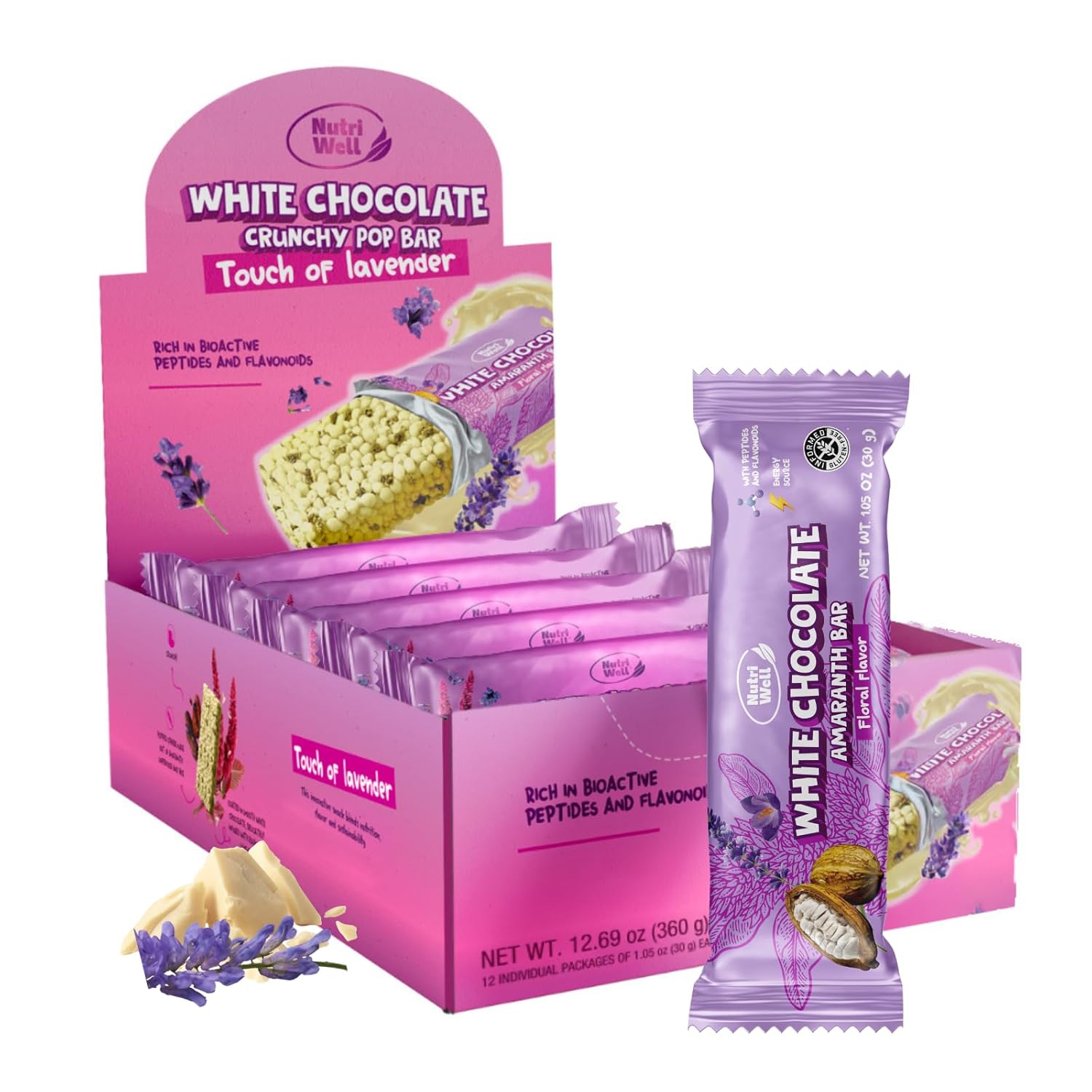 Nutriwell White Chocolate Amaranth Rice Lavender Crunchy Pop Bar 150 Calories, Natural Lavender, Ancient Superfood Grain, Gluten Free, 30g (1.06 oz) Energy Snack - 12 Count
