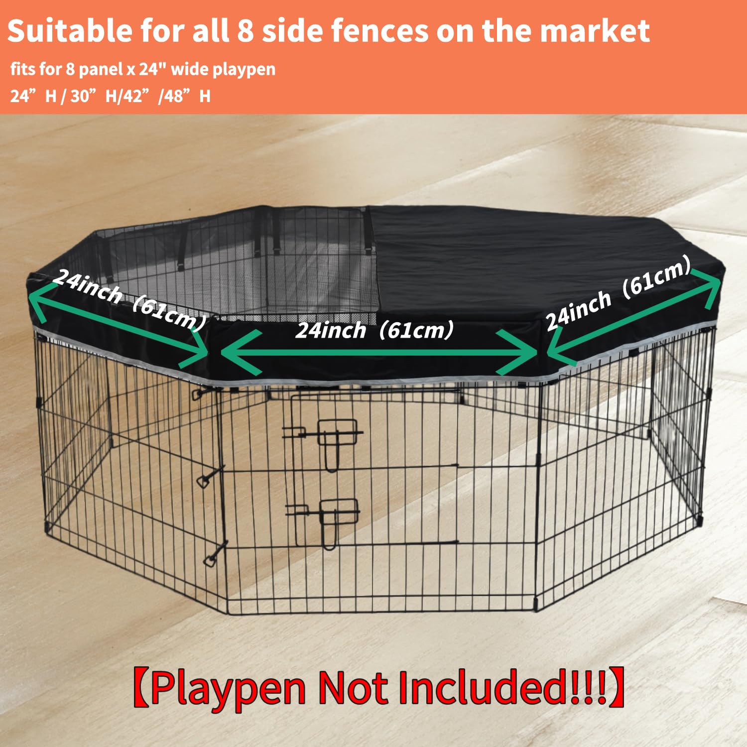 Zuisfau Dog Playpen Mesh Top Cover, Fits 24 Inch 8 Panels Regular Octagon Metal Exercise Pet Playpen, Black - Image 2