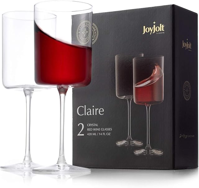 JoyJolt Verres à vin rouge – Collection Claire Ensemble de 2 Grandes verres à vin – 14-Ounce Ensemble de verre à vin en cristal – Design ultra-légant avec des jantes larges – Idéal pour les occasions spéciales, Home Bar
