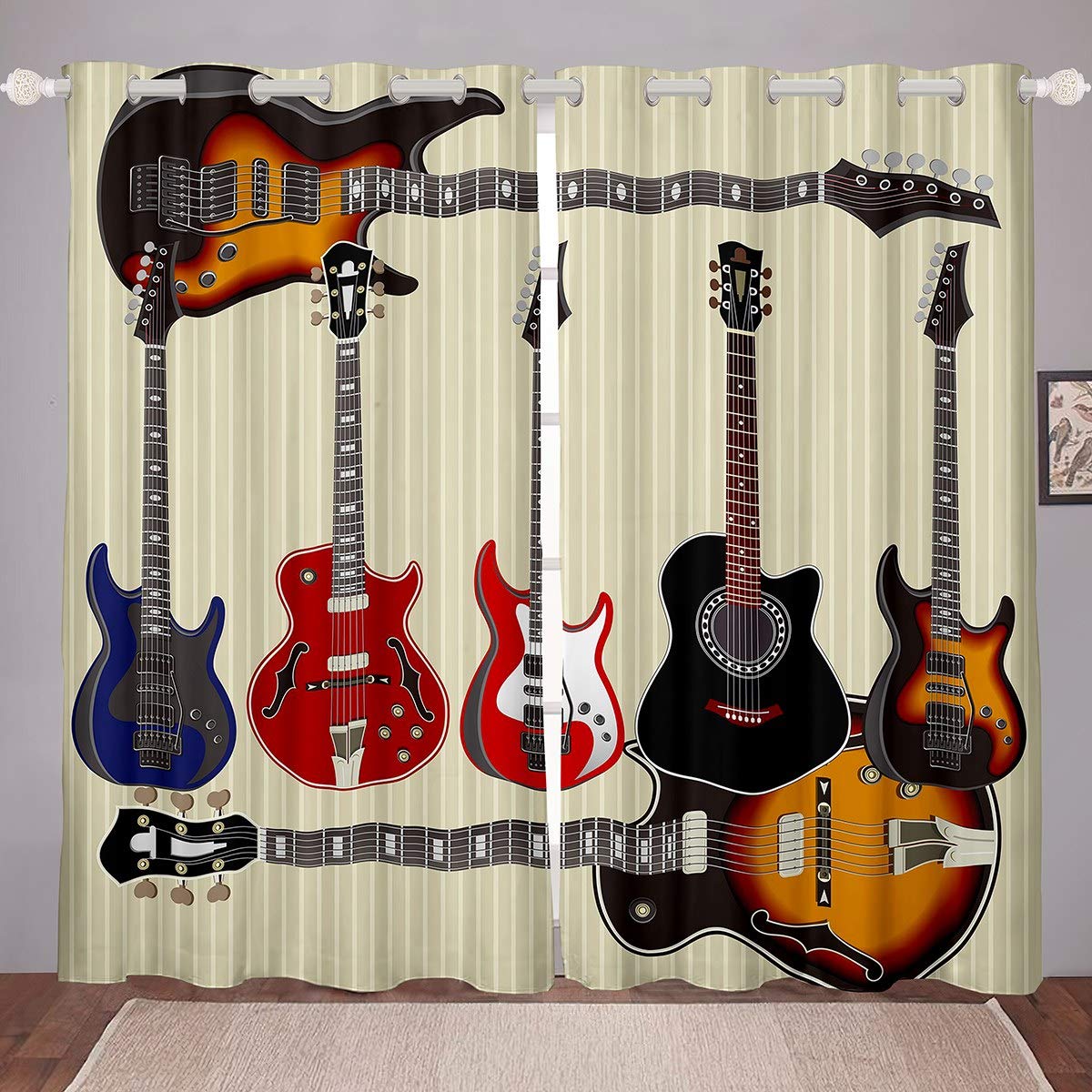 Loussiesd 3D Electric Guitar Blackout Curtains Kids Boys Teens Rock Music Theme Curtains for Bedroom Musical Instrument Window Curtain Luxury Stripe Darkening Thermal Drapes W46*L72,2 Panel Set