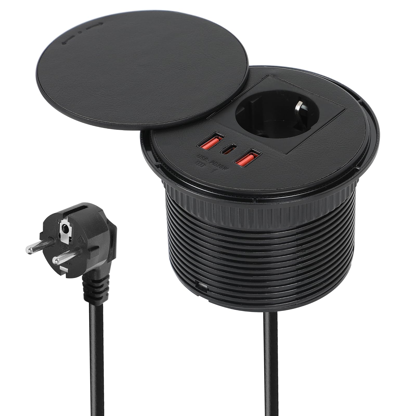 MENAYODA Gniazdo podtynkowe z pokrywą, gniazdo stołowe z 1 portem Schuko i 1 portem USB-A i 1 portem USB-C i kablem zasilającym 1,5 m, gniazdo do otworu na stół 80 mm (czarne)