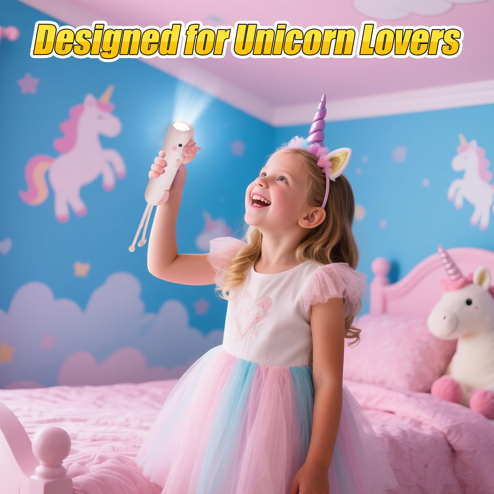 ZKLiLi Linterna recargable, Luz LED de alto flujo ajustable, linterna portátil para niños, para emergencias de camping y senderismo, regalo de linterna unicornio para niños