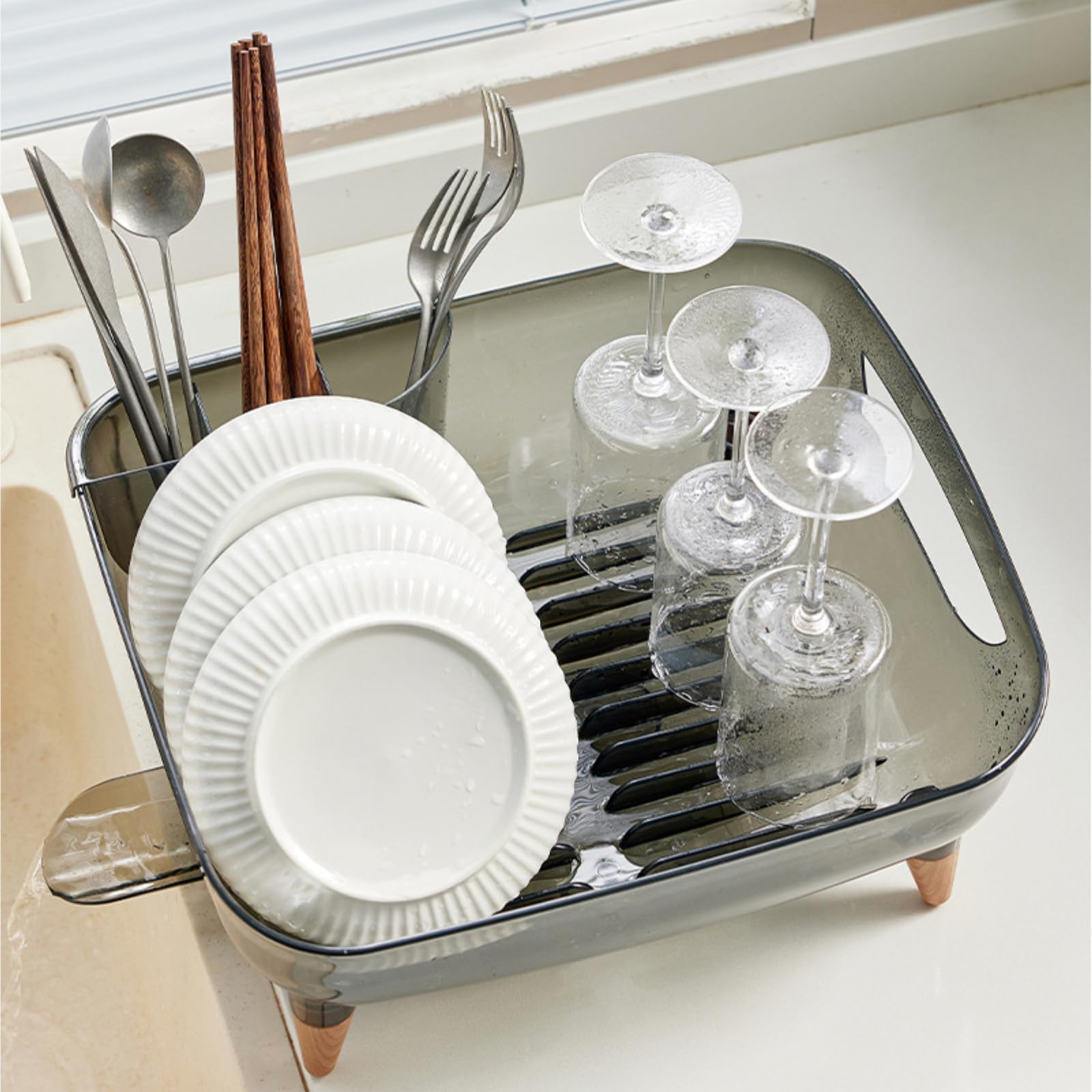 Escurridor de platos para encimera de cocina, escurridor de platos con juego de escurridor y soporte para utensilios, escurridor de platos de secado de fregadero (negro)