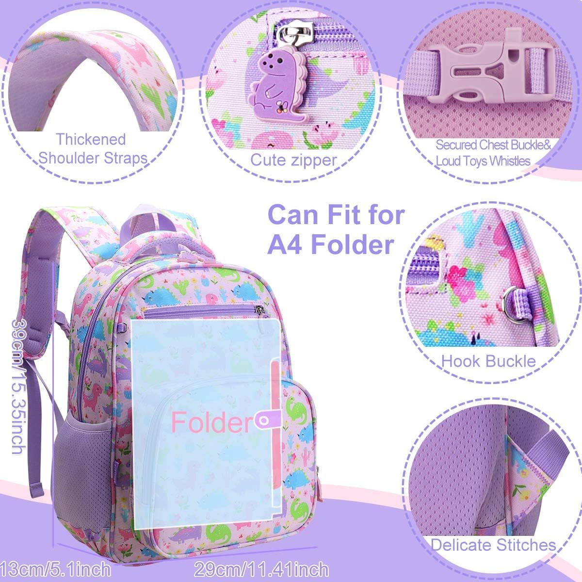 RHCPFOVR Kids Backpack for Girls - Girls Backpack 3-8 Ages Dinosaur for Kids 15 Inch School Bookbag for Kindergarten Elementary School Bookbag for Girl 1st 2nd Grade - Image 5