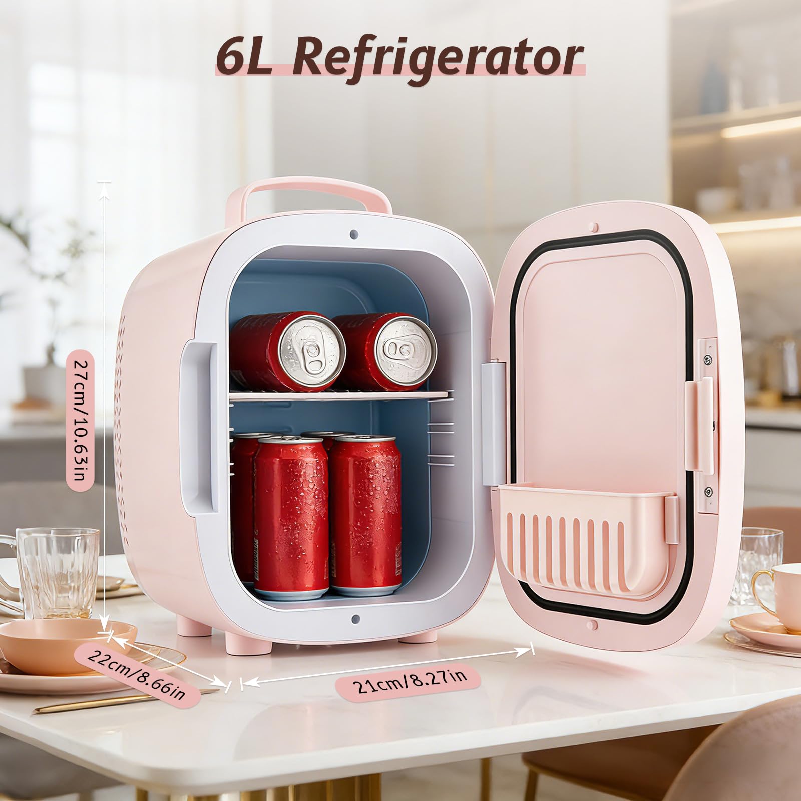 Mini Réfrigérateur 6L, Mini Frigo Cosmétique avec Miroir LED, Portable Thermoelectrique Chauffe & Refroidisseur, AC/DC pour Chambre, Soins de la Peau, Boissons, Bureau, Dortoir et Voiture (Rose)