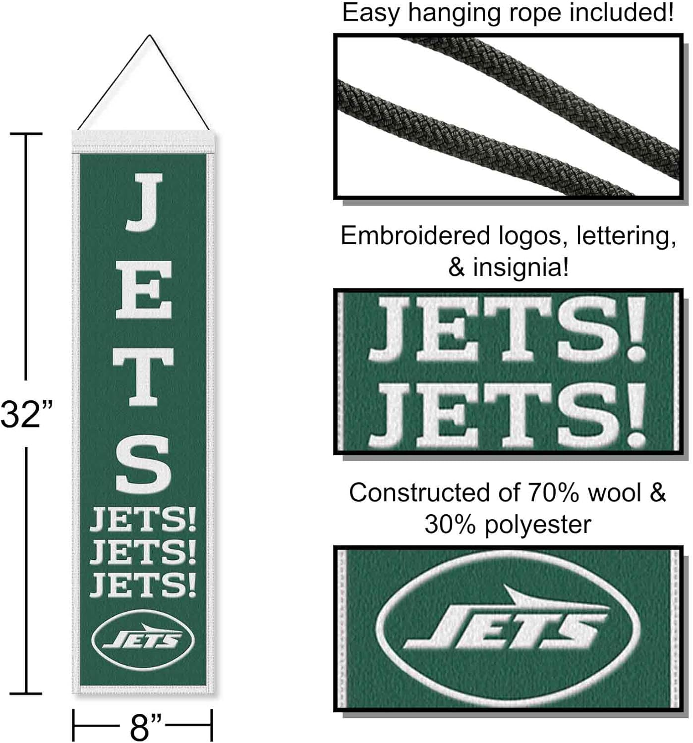 WinCraft New York Jets Jets! Jets! Jets! 8x32 Inch Vertical Wool Embroidered Hanging Banner