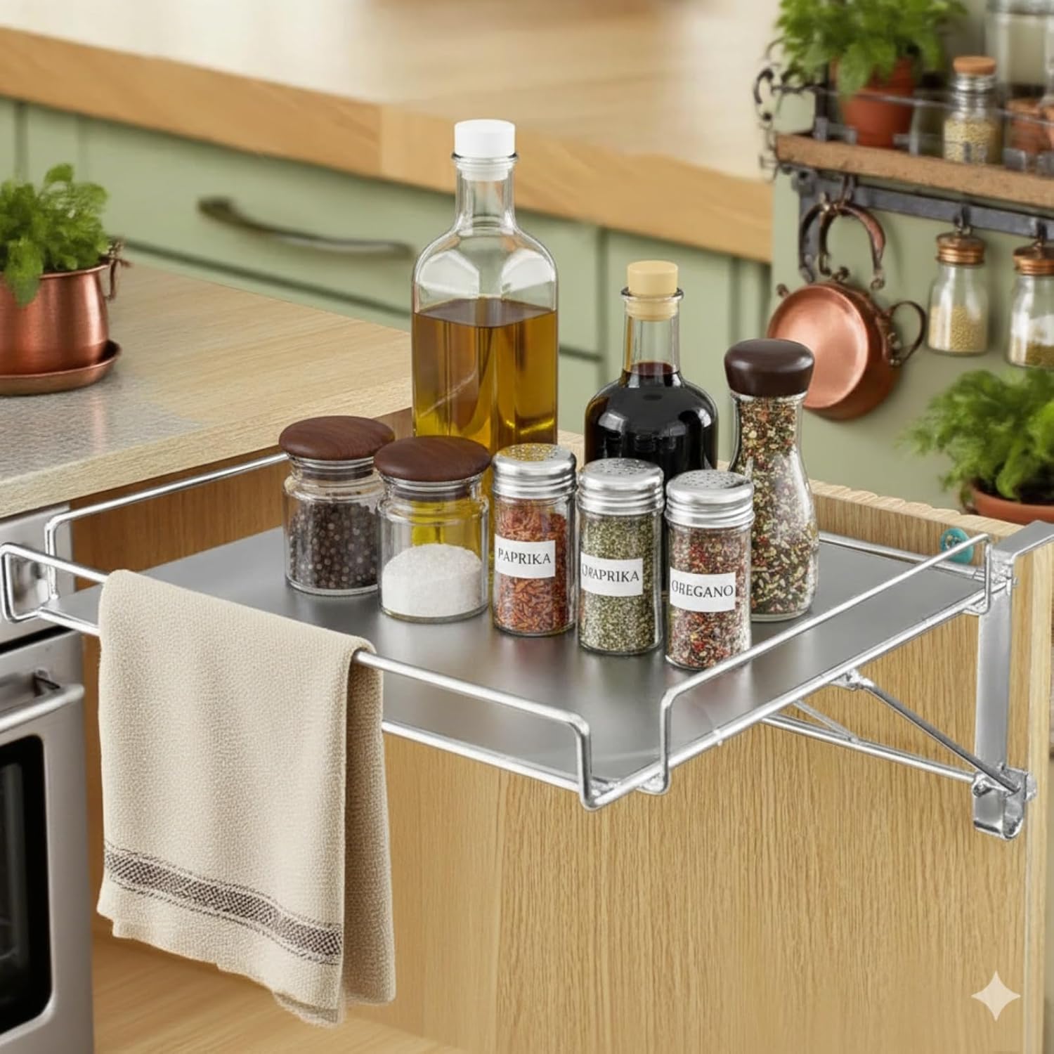 Foldable Cabinet Door Organizer Shelf & Countertop Extender, Metal Storage Rack and Counter Extension, 2-in-1 Space-Saving Hanging Shelf for Kitchen Bathroom, Easy Installation (Black)