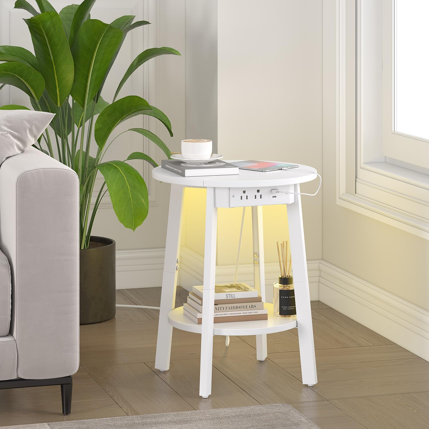 sthmec Round End Table with Charging Station, White LED Small Side Table for Small Space, USB Power Oulets & LED Strip, 2-Tier Round Accent Table Couch Sofa Nighstands for Living Room, Bedroom, White