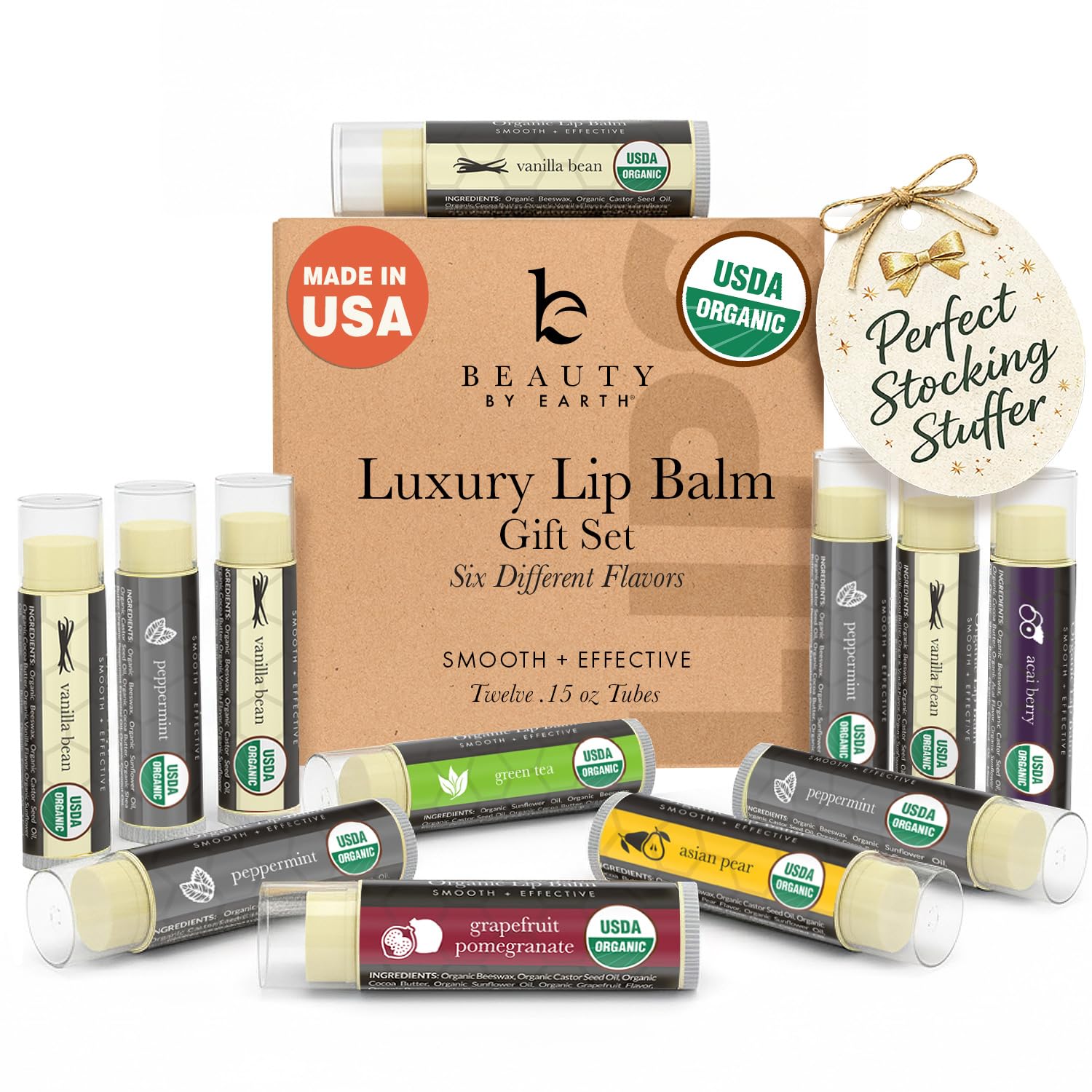 Organic Lip Balm Gift Set - Natural Lip Balm Lip Repair With Shea Butter, Coconut Oil & Cocoa Butter Lip Balm, Lip Therapy, Lip Conditioner, Lip Moisturizer for Very Dry Lips, Best Gifts (12 Pack)