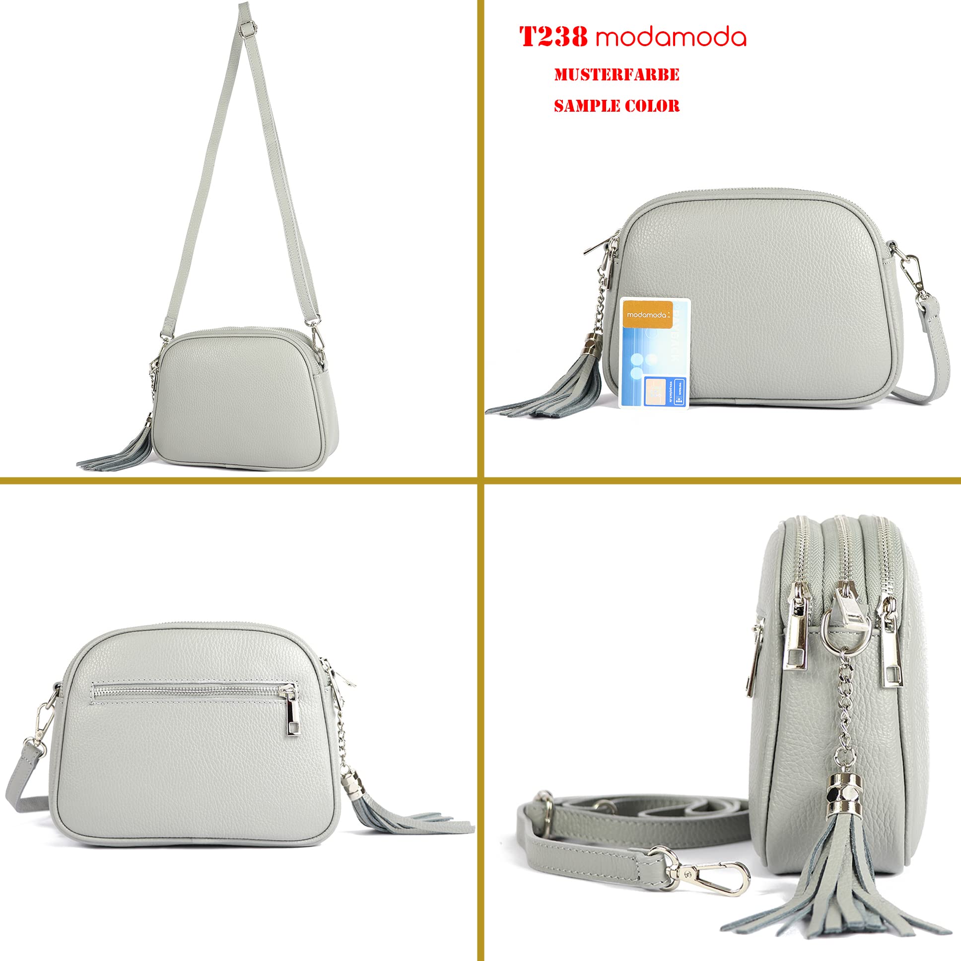 modamoda de - T238 - ital. Damen Umhängetasche Leder Medium, Farbe:Silber-Metallic