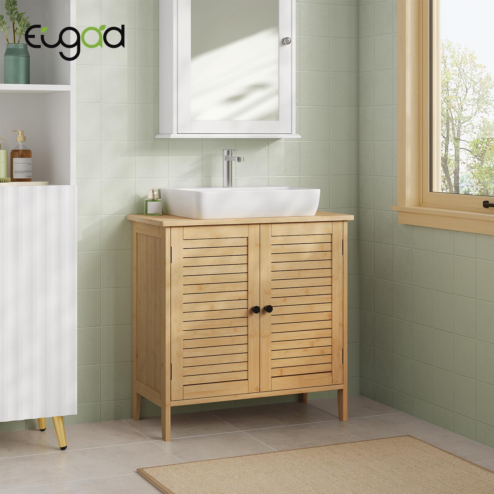 EUGAD Meuble sous Lavabo Salle de Bain en Bambou, Meuble sous Vasque, avec Découpe pour Siphon 20x23 cm, Portes à Lames et Étagère Réglable, 60x30x60 cm