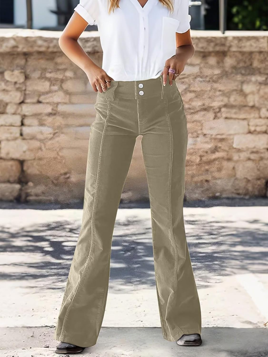 Flamingals Mid Rise Corduroy Pants for Women Seam Front Double Button Work Trouser Flare Pants Trendy - Image 2