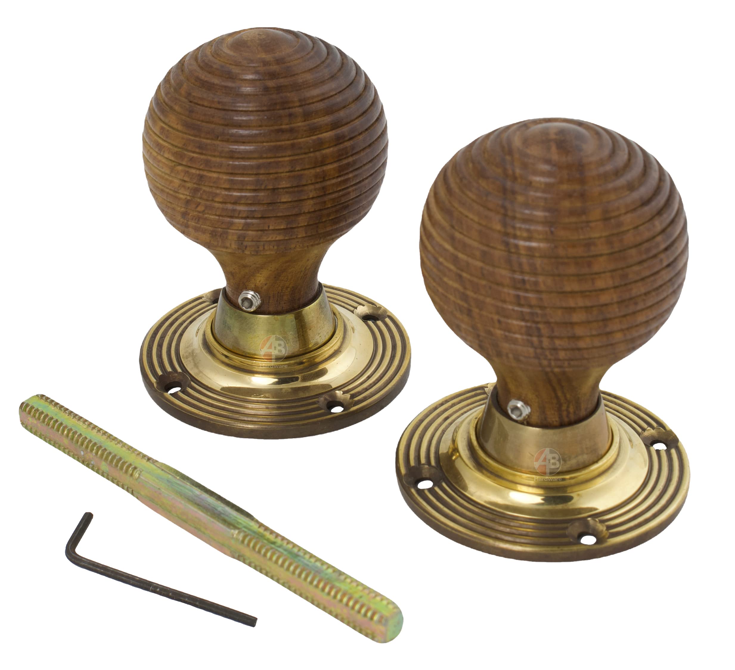 Ab Hardware 1 Pair Of Rosewood & Aged Brass Beehive Wooden Wood Mortice Rim Door Knob Knobs Pairs