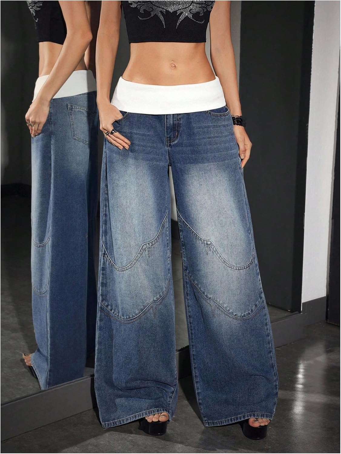 Verdusa Women's Grunge Fold Over Pants Wide Leg Baggy Jeans with Pockets Blue 30