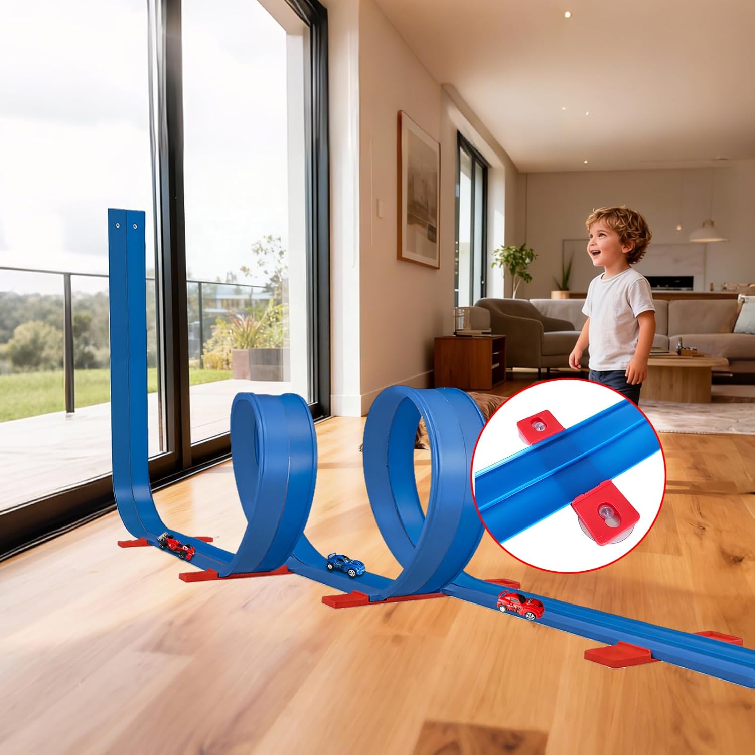 Flexible 19.7Ft Race Track for Kids, 2-Lane Bendable Racetrack Set with Suction Cups,Compatible with Hot Wheels/Matchbox 1/64th Cars,Portable Track Toy Gift for Boys Girls Ages 3+ (Blue)