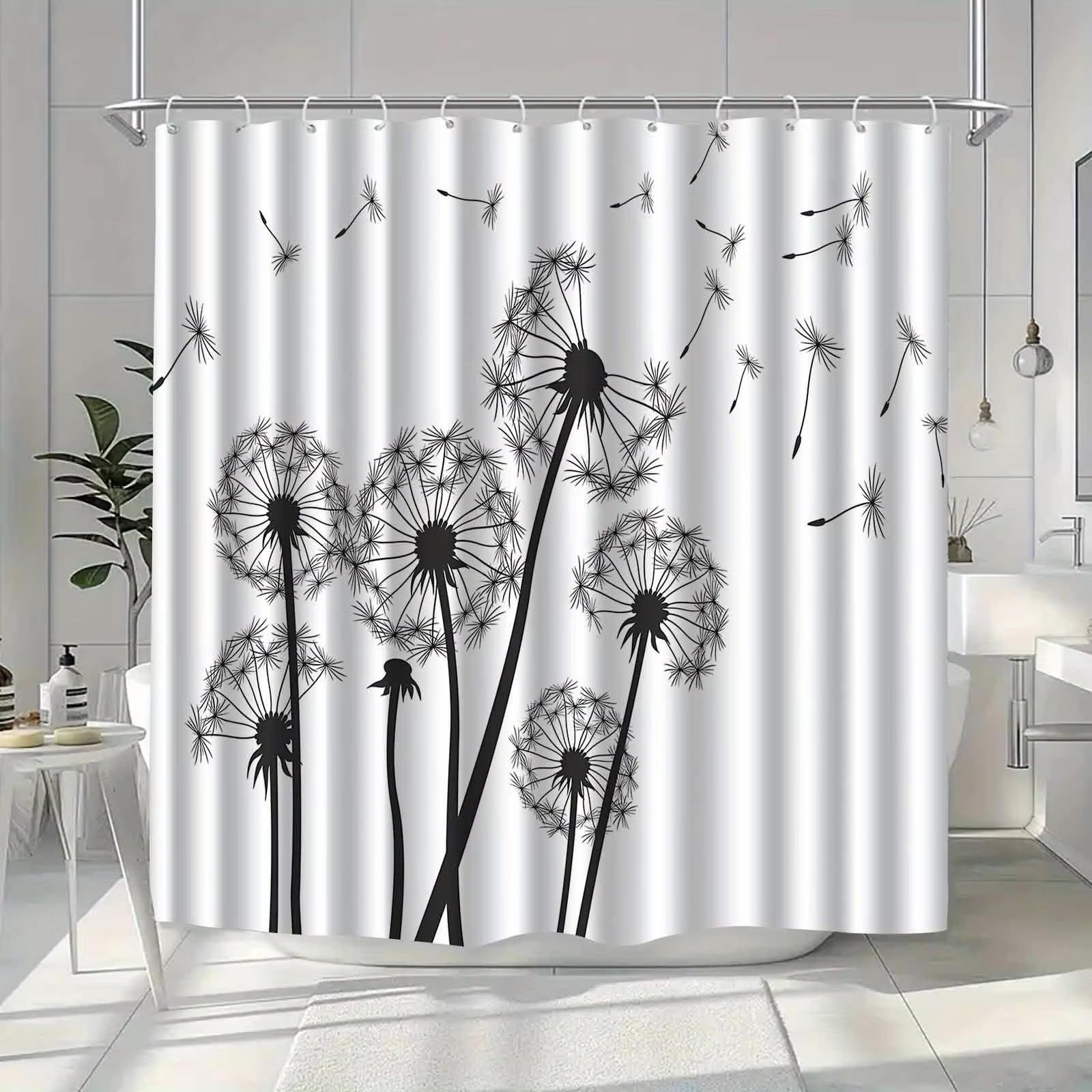 Rideau de douche noir et blanc motif pissenlit pour une salle de bain moderne et propre