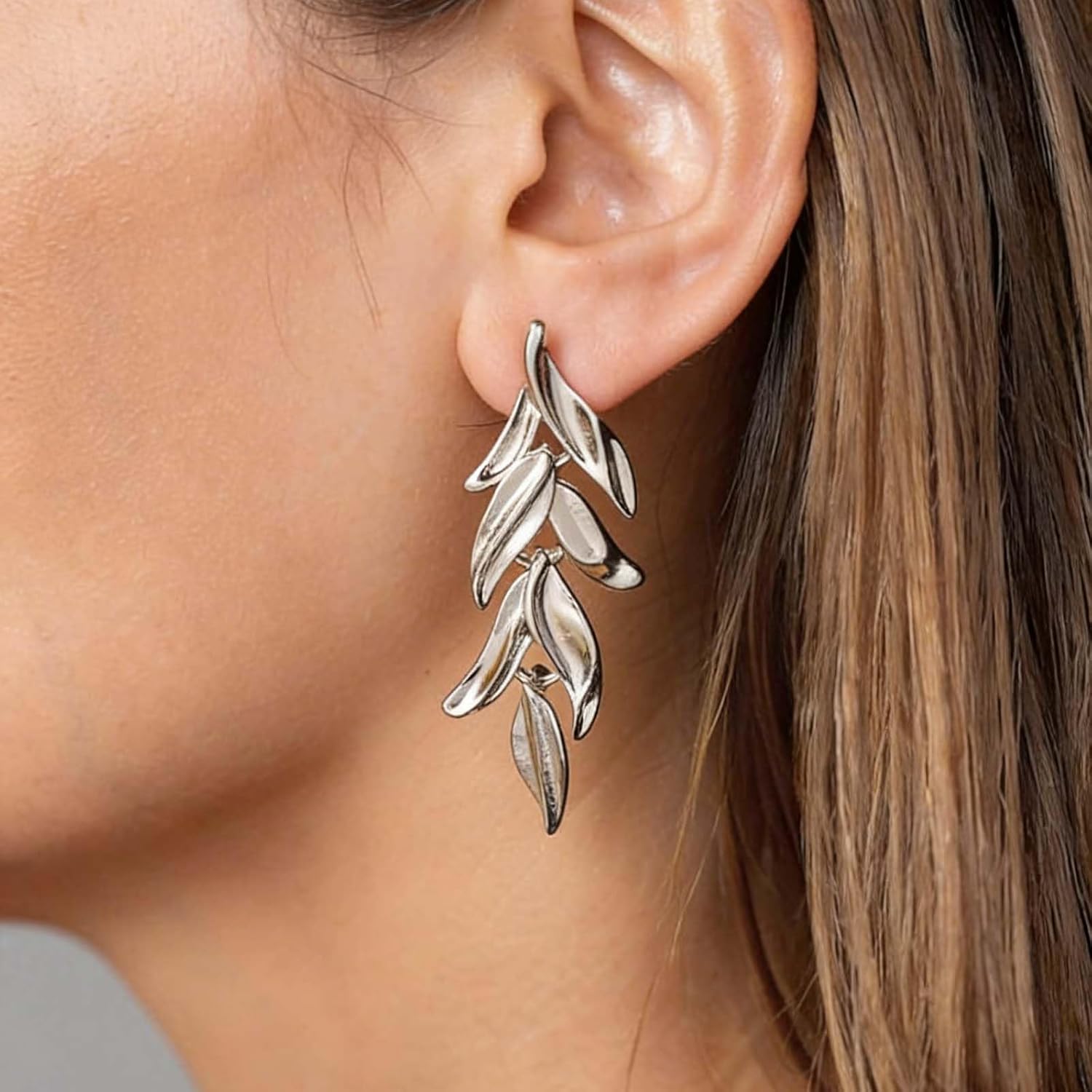 Boho Exaggerate Leaf Stud Earrings Vintage Fall Leaf Earrings Silver Cluster Leaves Dangle Earrings Metal Leaves Statement Earrings Jewelry for Women - Image 2