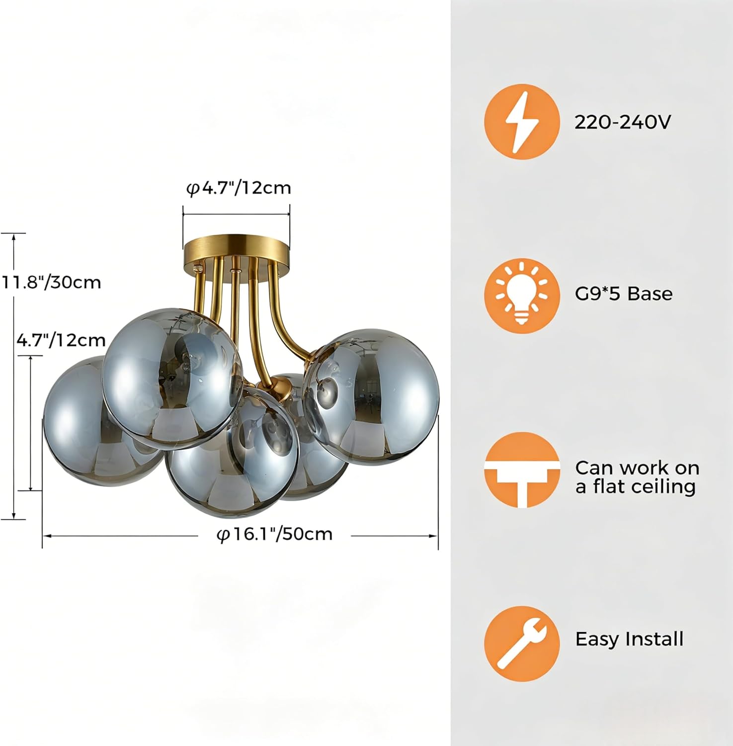 Modern Bubble Ceiling Lighting Fixture, 5-Light Flush Mount Chandelier, Glass Globe Ball and Brass Canopy, W16” xH12“, Flush Mount Ceiling Light for Living Room Bedroom Dining Room, G9 Socket