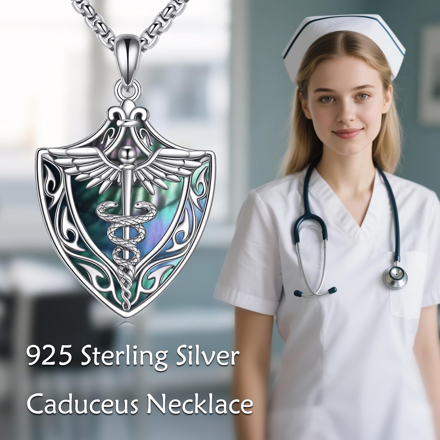 Staff of Caduceus Necklace 925 Sterling Silver Shield Staff Angel Wings Pendant Talisman Nurse's Day Christmas Gifts for Nurses - Image 6