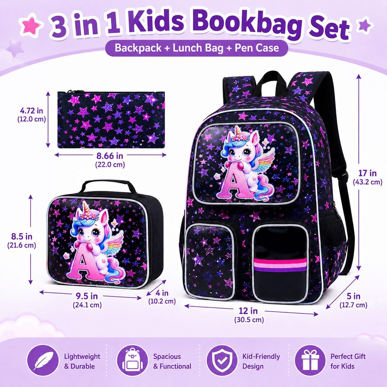 3PCS Girls Backpack Set, 17‑inch Unicorn Backpack for Kids with Lunch Box, Aesthetics School Bookbag for Elementary Preschool Kindergarten - Unicorn With A image 4