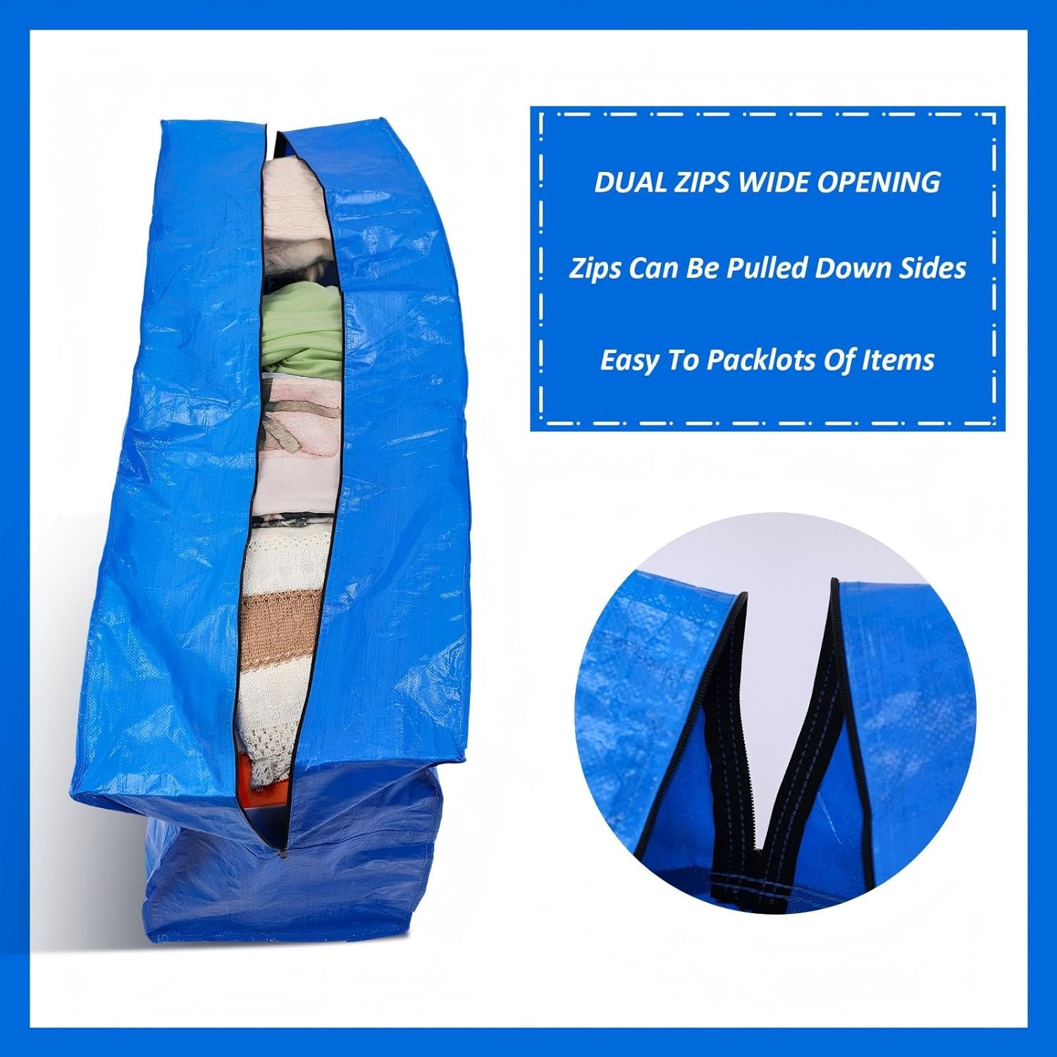 Windyun 6 Pack 69 Gallon Extra Large Moving Bags XXL Heavy Duty Storage Bag with Strong Zipper Handle Jumbo Big Tote Box Foldable for College Dorm Travel Clothes Duffle Blanket Pillow(Blue)