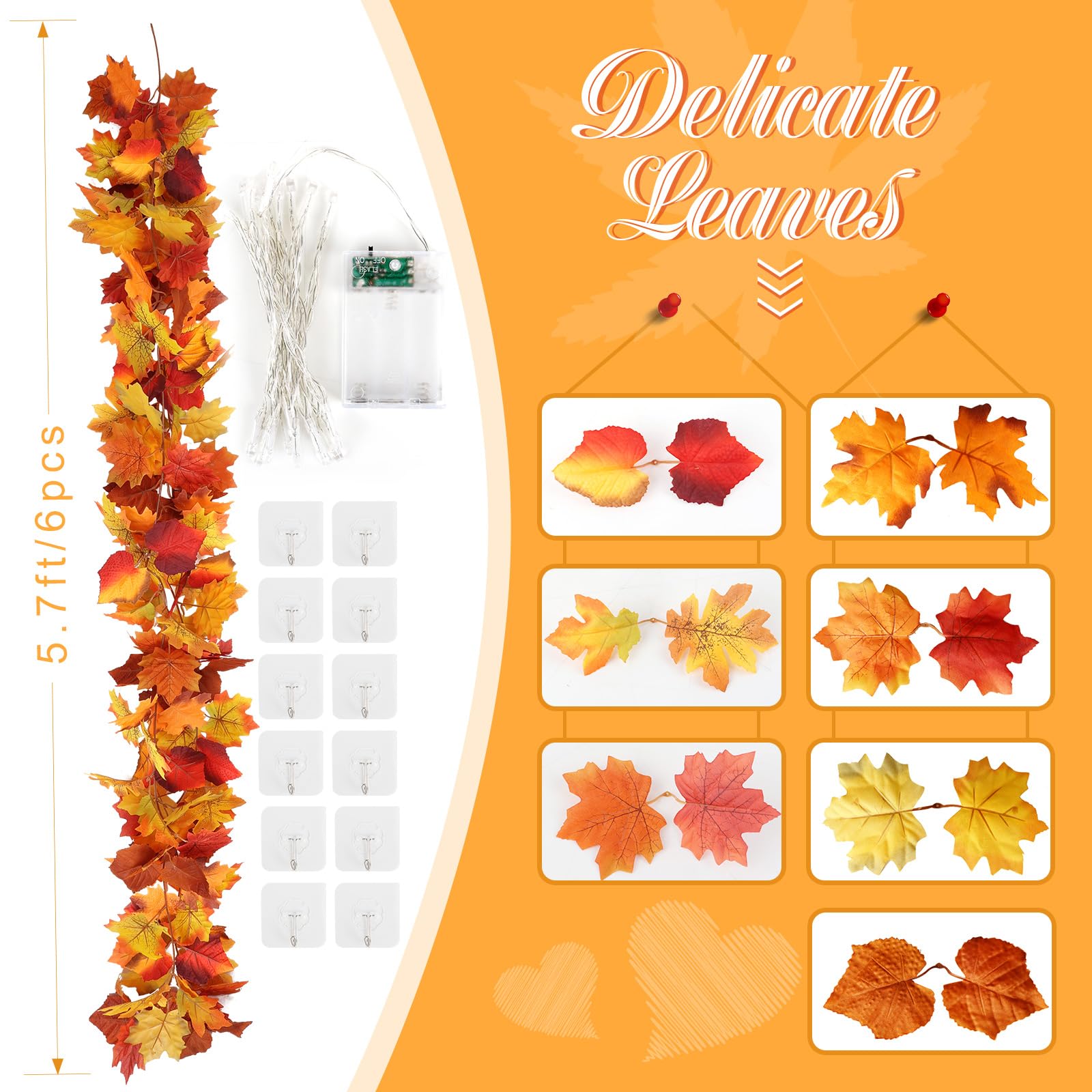 Joyhalo Paquete de 6 guirnaldas de otoño con luces, hojas artificiales de otoño, decoración de otoño con cadena de luces LED de 6.5 pies, hojas de arce colgantes para mantel, marco de puerta, chimenea