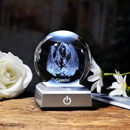 Miniatura 4 de Ornalrist Bola de cristal de Géminis 3D K9 de 3.1in con base LED plateada de 3.15 pulgadas3.1in, constelación en miniatura grabada interior, regalos
