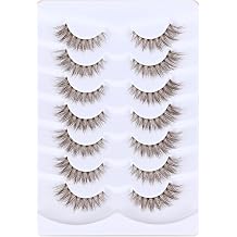 7 Pairs Brown False Eyelashes Natural Crossed Wispy Lashes 7-13mm Clear Band 3D Fluffy Volume Lashes Cat Eye Lash Extension Look Lightweight Reusable Fake Eyelashes for Daily Makeup LASGOOS ZH01