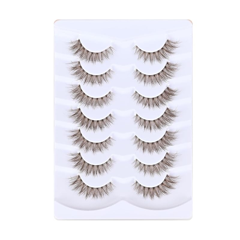 Cílios postiços castanhos LASGOOS ZH01, estilo wispy cruzado, faixa transparente, 7–13 mm, Pacote com 7 pares