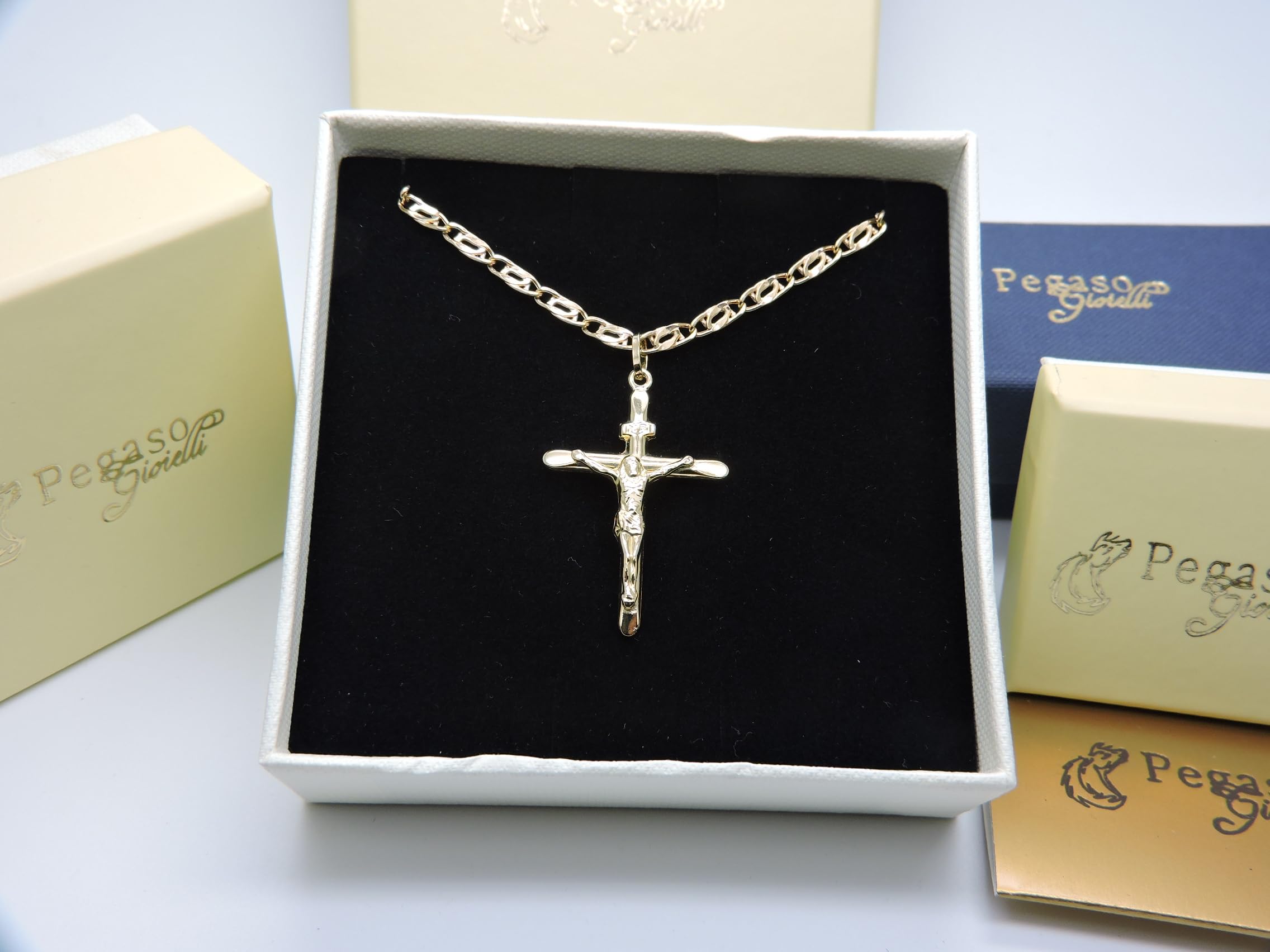 Collana Uomo in Oro Giallo 18kt 750 Catena Pernice Pinzata con Pendente Religioso Croce Gesù Cristo Smussata cm 50