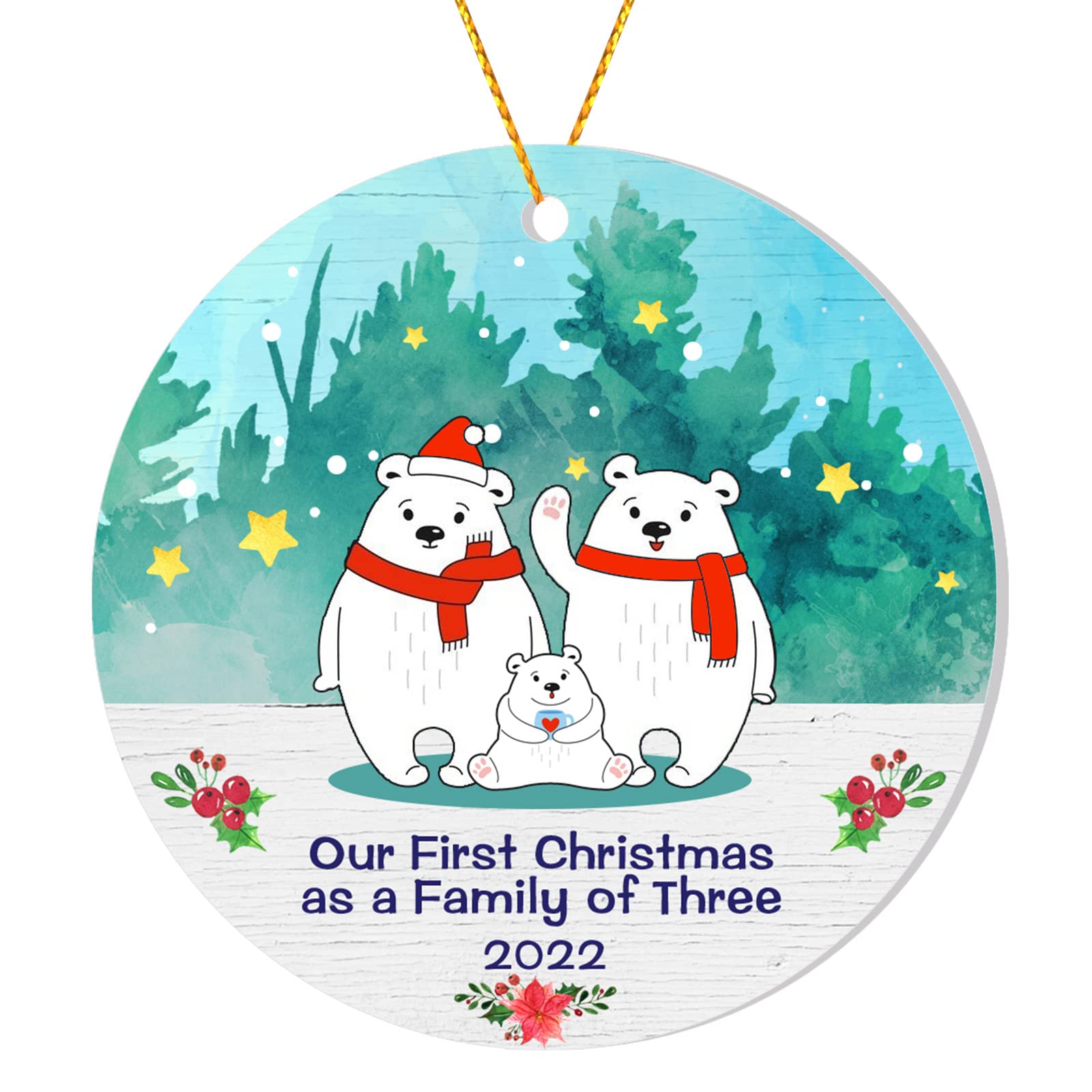 ACSENCETER Our First Christmas as a Family of 3 Bear 2022, Round 1st Christmas Tree House Ornament, Acrylic Wedding Gift Married Couple Keepsake Decorations 3"