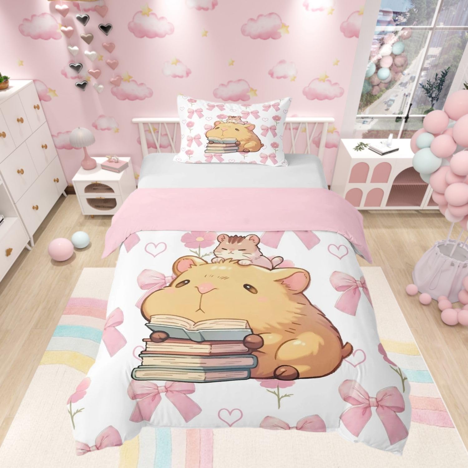 Homewish Kids Kawaii Capybara Duvet Cover Set Girls Pink Bow Cot Bedding - Cute Cartoon Capybara Animal Quilt Cover Princess Style Bowknot Flower Bed Set with Pink Reverse - 1 Pillowcase