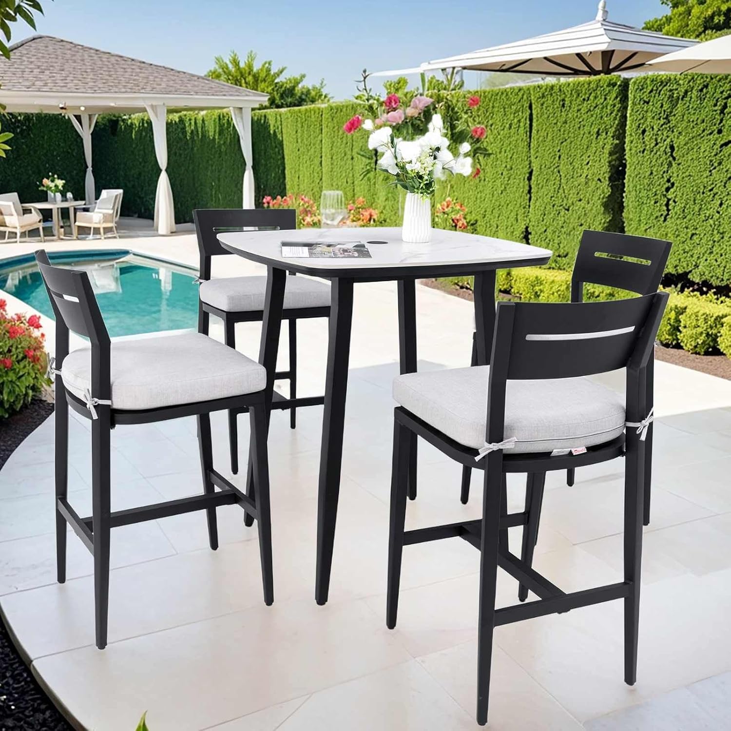 5-Piece Outdoor Bar Height Dining Set with Sintered Stone Table, 4 High Stools, Aluminum Frame, White Marble-Look Top, Weather-Resistant Cushions for Patio, Balcony, Pool