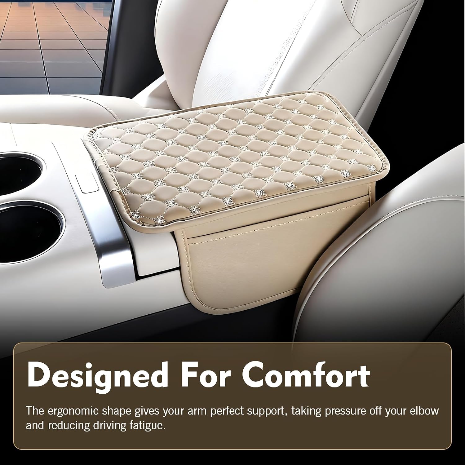 Bling Car Center Console Armrest Cover, Leather Non-Slip Cushion with 2 Storage Bags, Universal Auto Arm Rest Protector Storage Box Pad, Sparkly Interior Accessory, Perfect Gift for Women Men (Beige) image 5