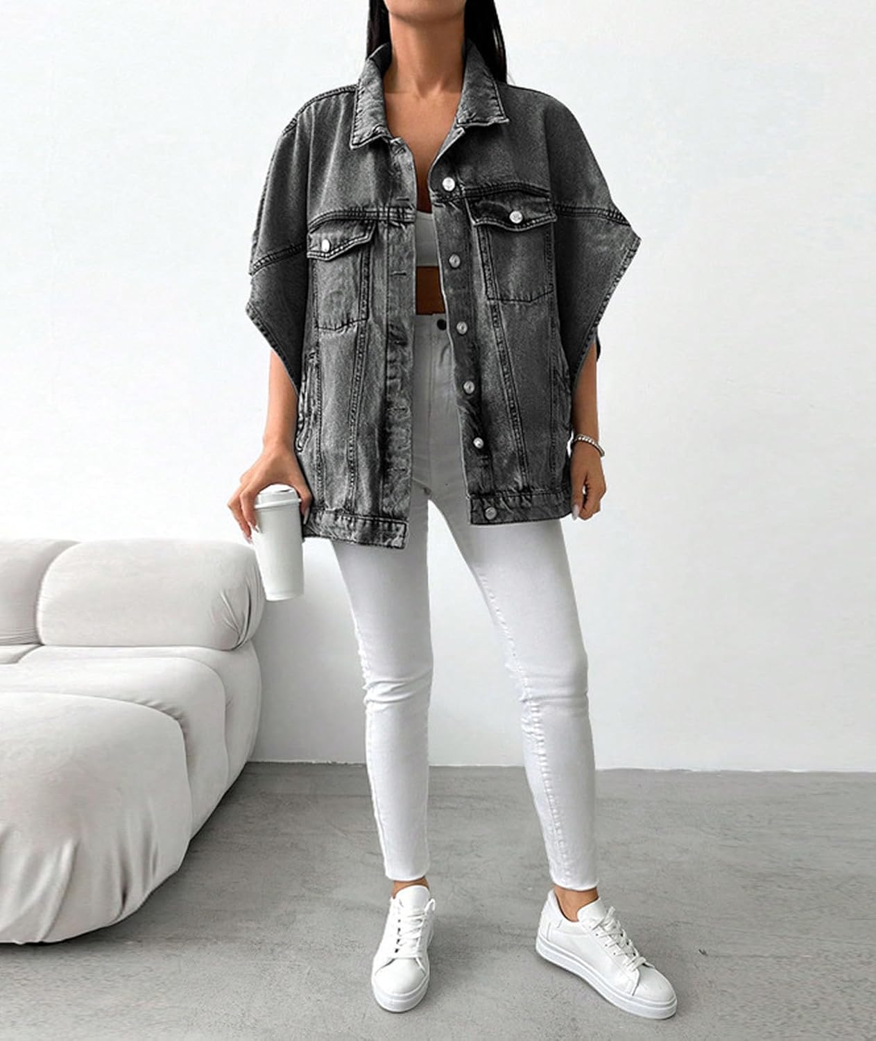 Sexyshine Women's Plus Size Denim Jacket Cape Sleeve Loose Cloak Coat Washed Denim Vest Jackets Poncho Cape