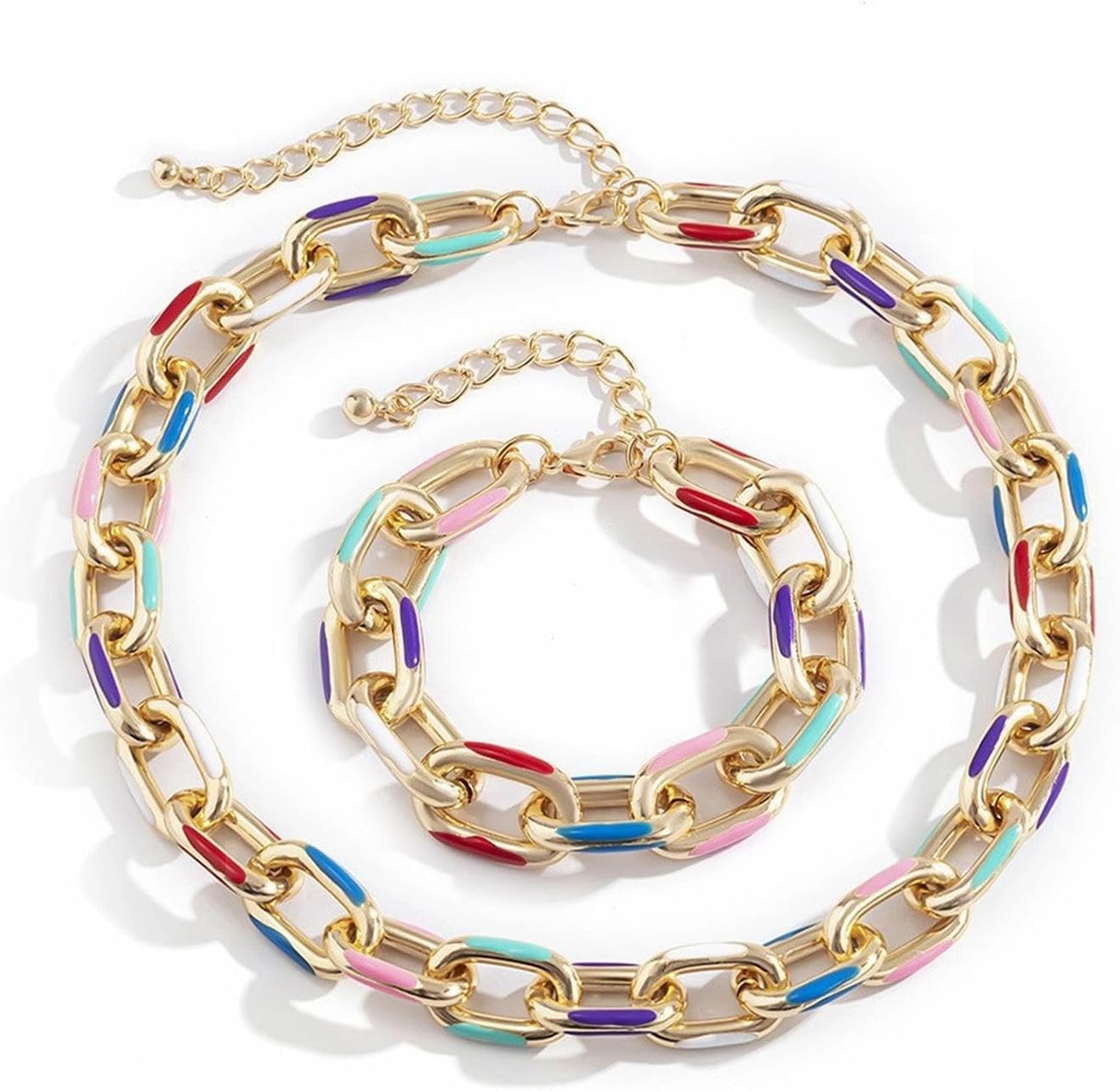 Colorful Chain Necklace Bracelet Set Chunky Drip Oil Metal Choker Necklace for Women Cuban Chain Bangle Simple Adjustable Party Dancing Jewelry Gift