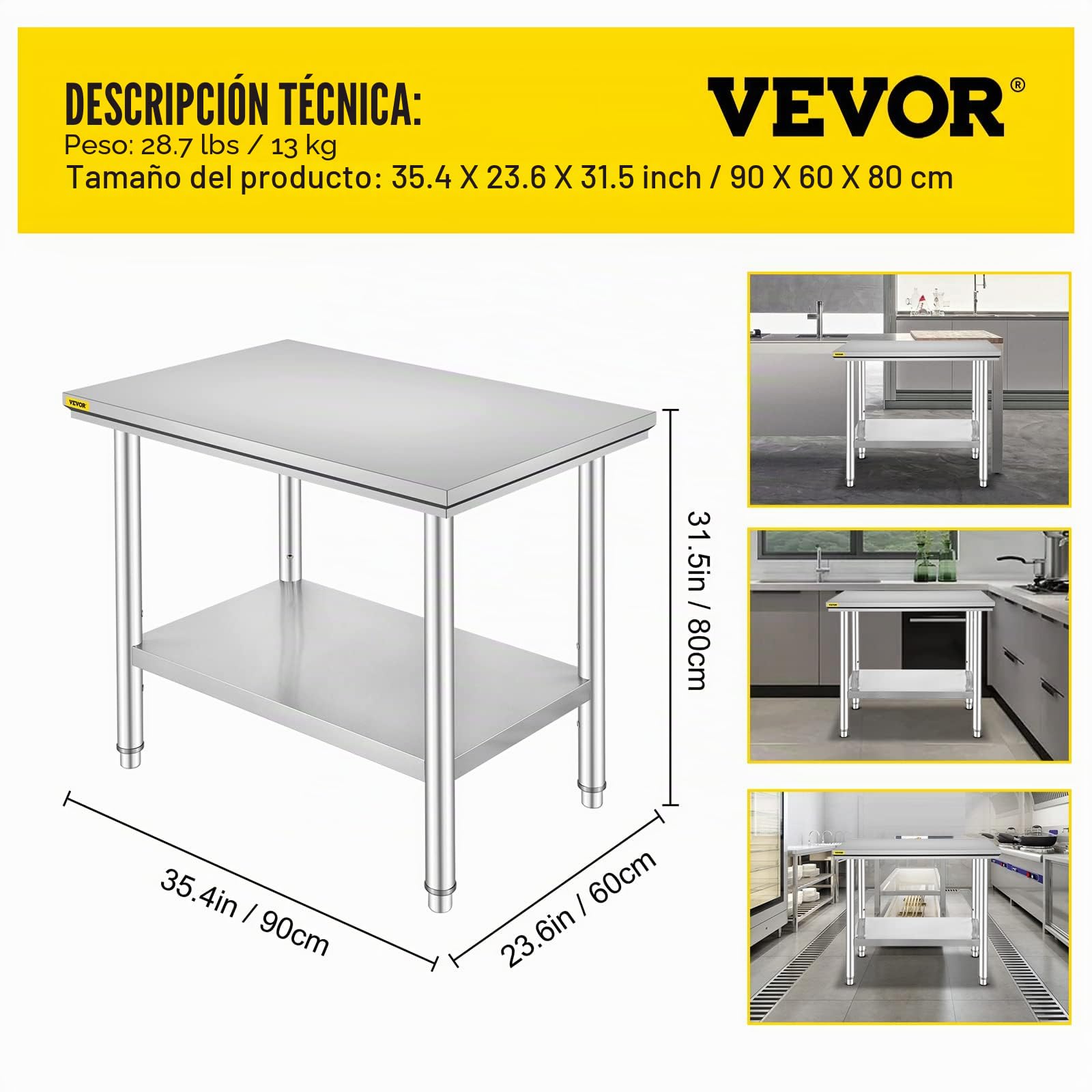 VEVOR Mesa de Trabajo Cocina INOX, Encimera de Trabajo Cocina en 2 Plantas, Mesa de Trabajo de Acero Inoxidable para Preparación de Cocina de Alimentos de Comidas Hoteles Oficinas Hospitales