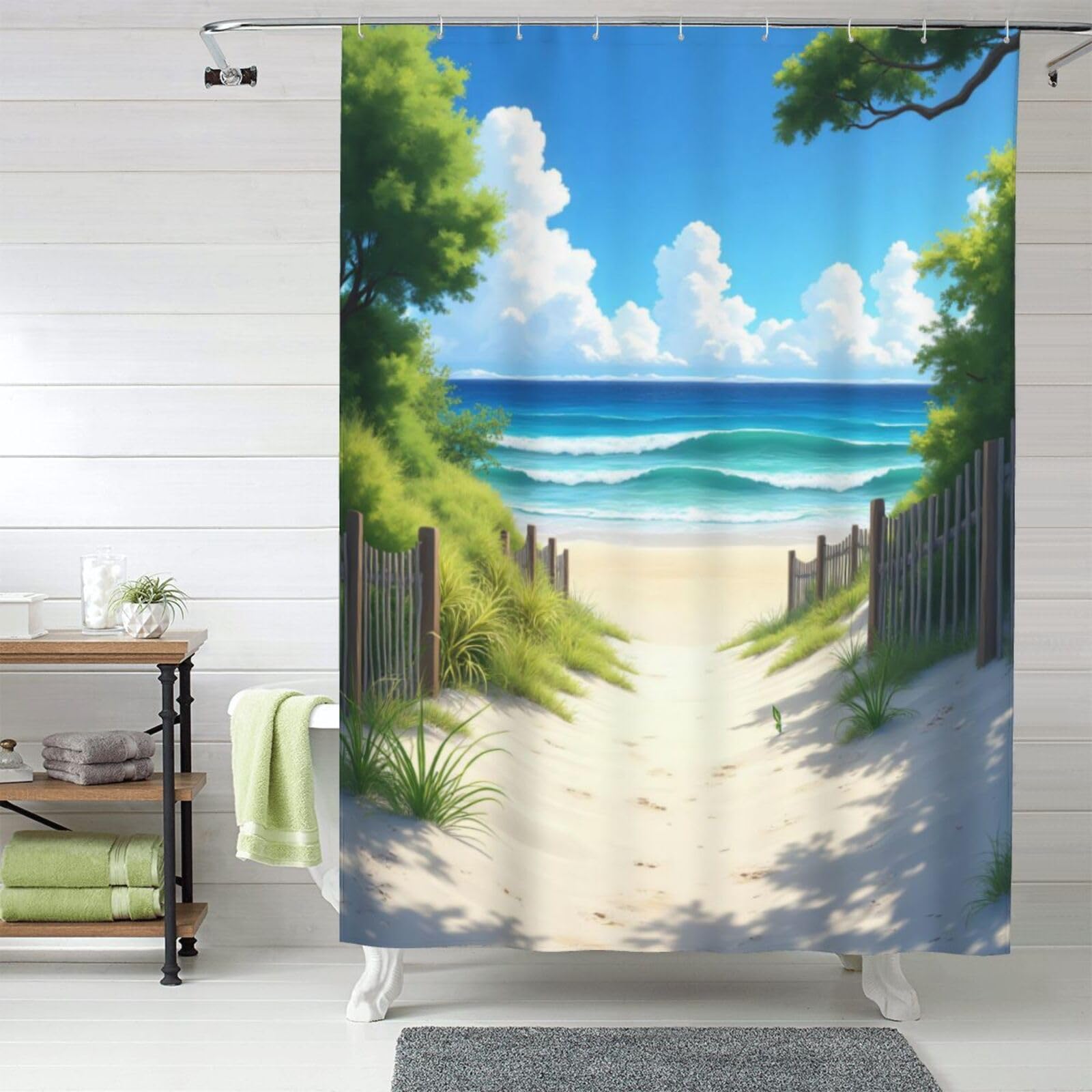 Rideau de douche n° 5 en tissu épais de qualité supérieure avec décor de plage ensoleillée
