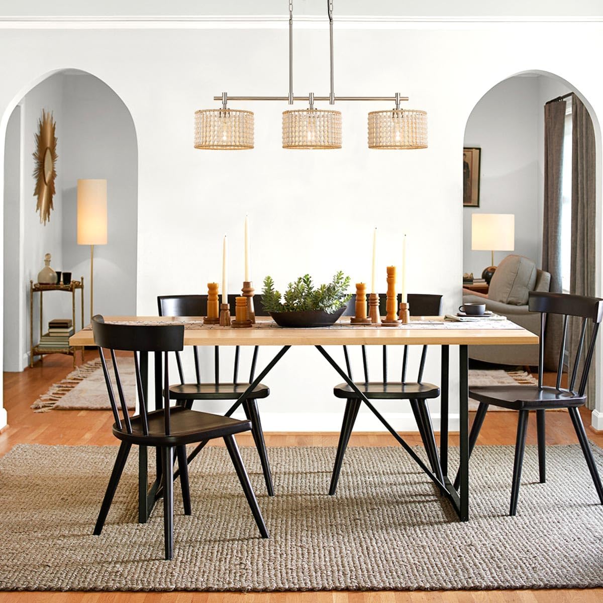 Boho Chandeliers for Dining Room,Brushed Nickel Metal Farmhouse 3-Light Wood Beaded Linear Pendant Light Fixtures for Kitchen Island Living Room