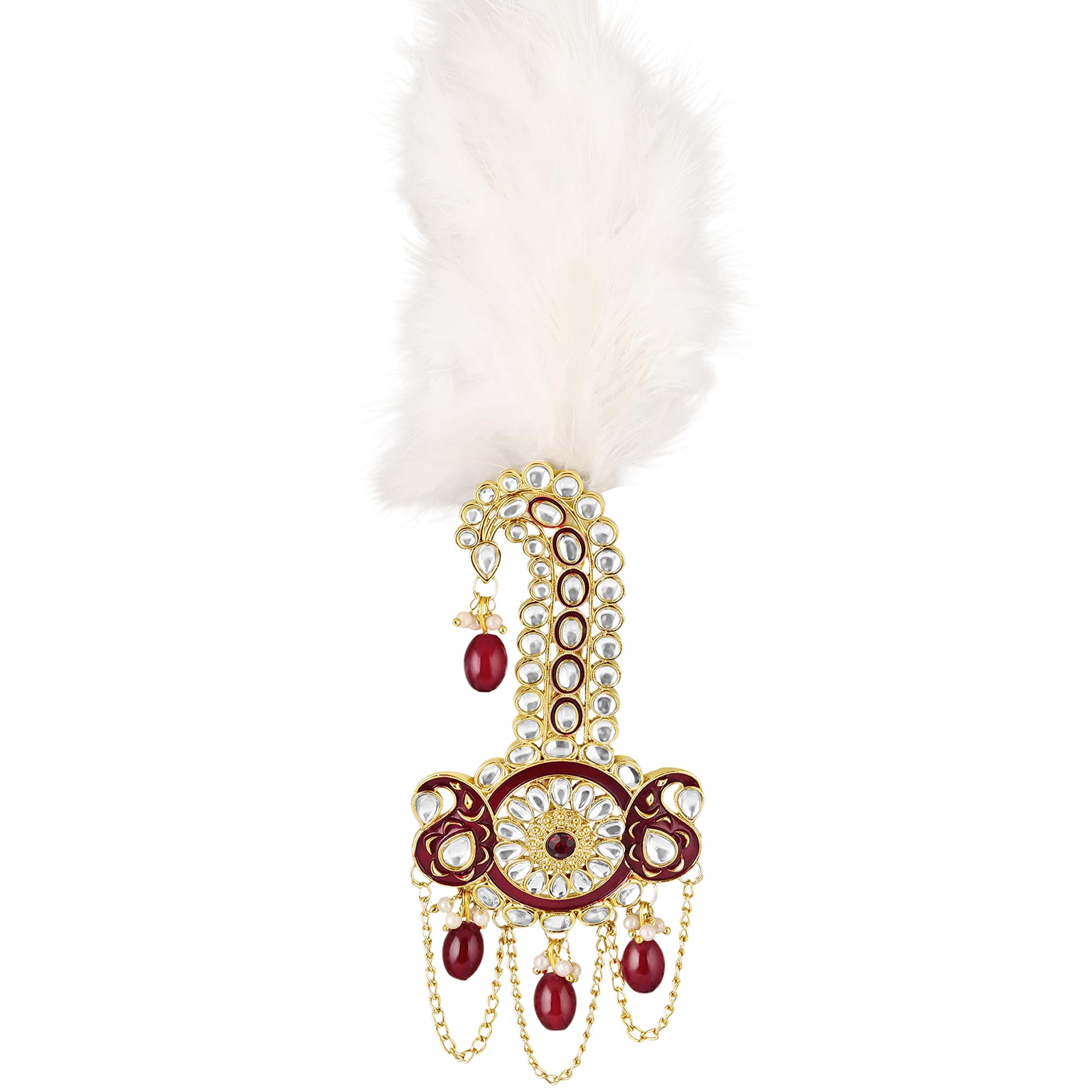 Royal Safa Kalangi for Groom with Feather and Red Beads | Traditional Dulha Sarpech Brooch | Wedding Sherwani Turban Pin for Men (KL1001021G)-image-31