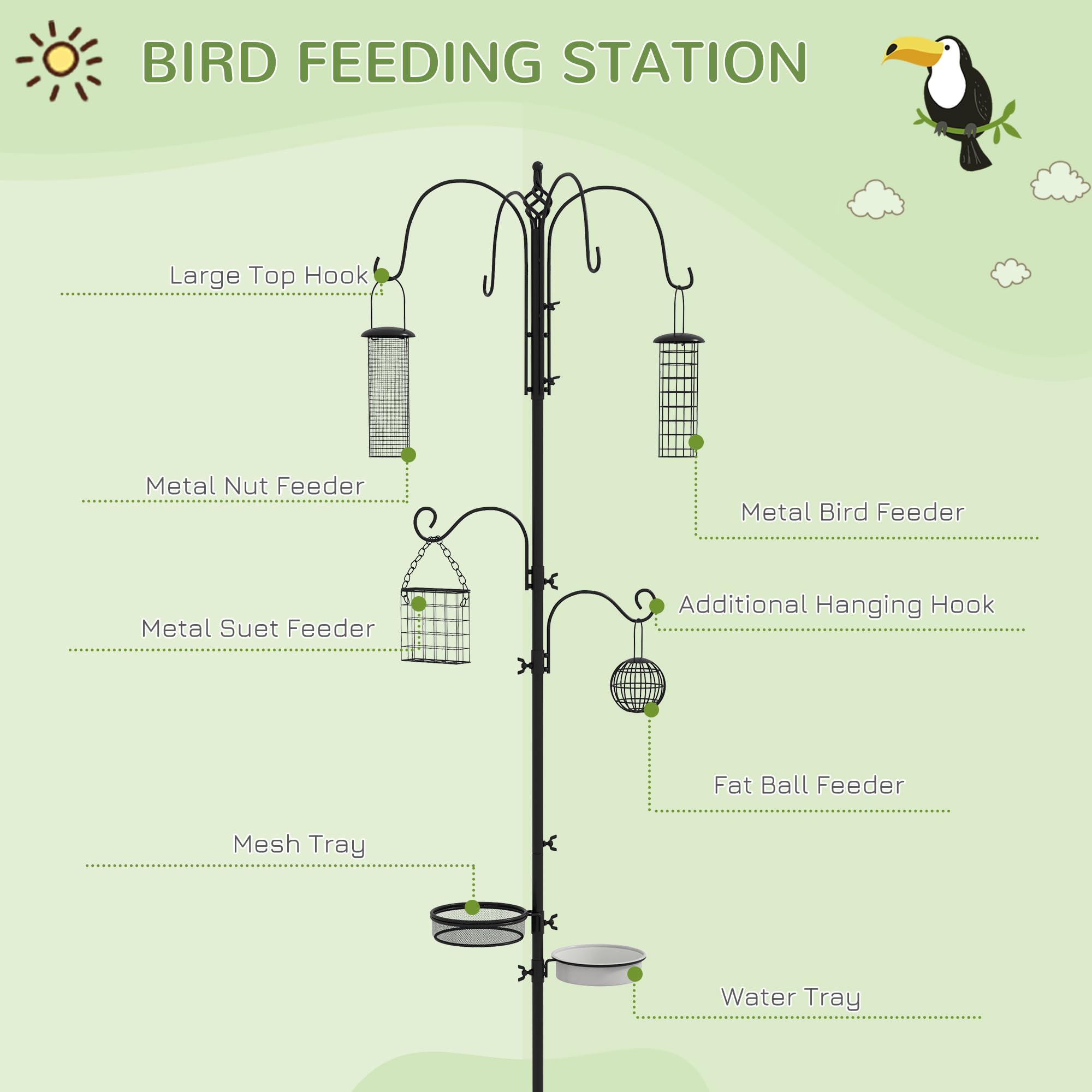 PawHut - Estación de alimentación para pájaros (6 Ganchos), Color Negro | 4 Comederos Colgantes para Cacahuetes Semillas Bolas de Grasa