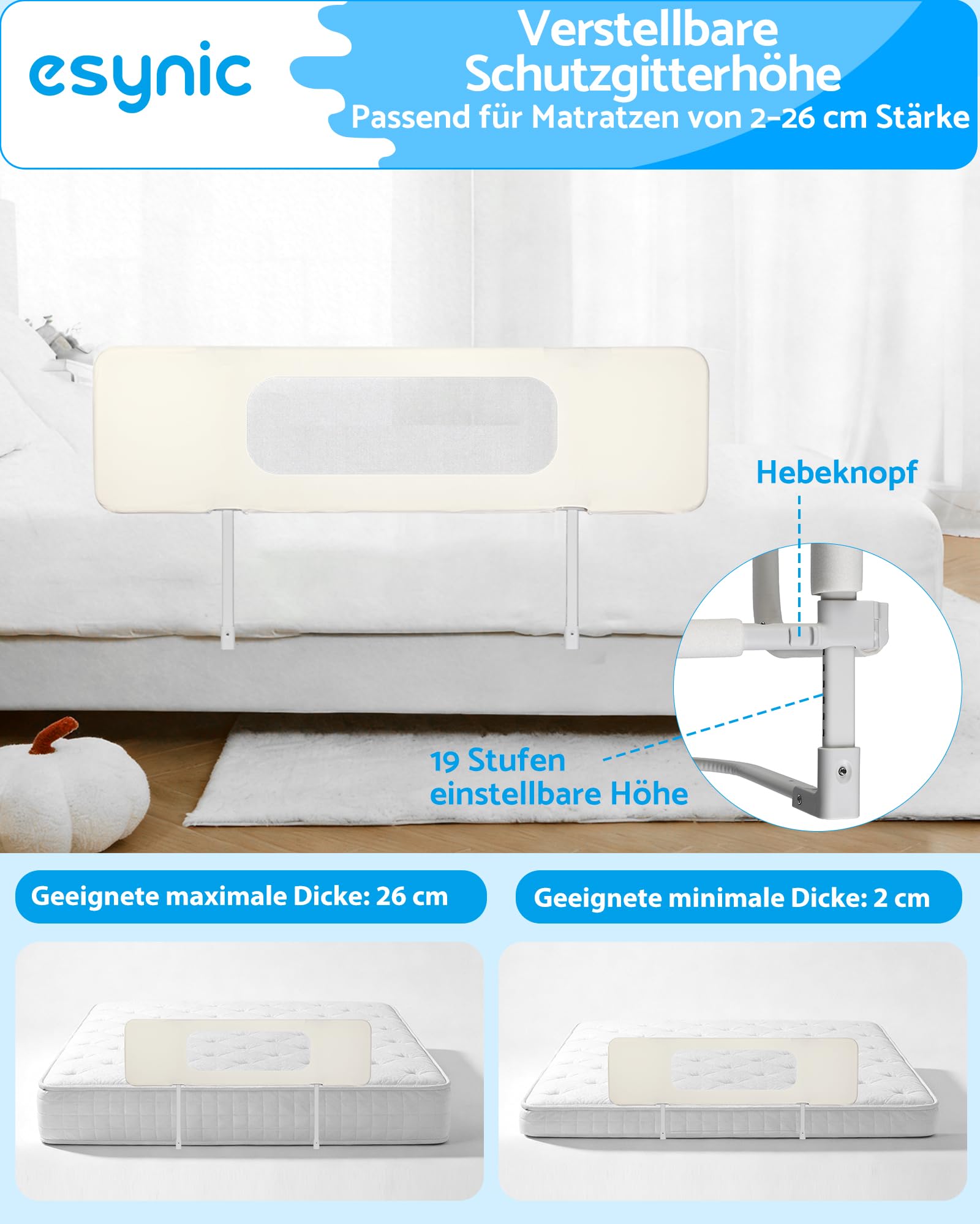 eSynic Tragbares Bettschutzgitter 150 cm Cremeweiß Bettgitter Mobiler Rausfallschutz für Kinder & Kleinkinder Höhenverstellbares Babybettgitter Familienbett Doppelbett Hotelbett für Zuhause & Reisen