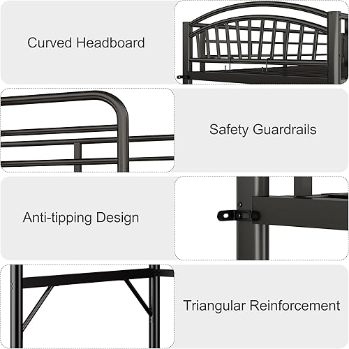 Miniatura 6 de Cama elevada de metal tamaño individual, cama elevada con cajón lateral, escalera convertible y barandillas de seguridad de longitud completa,