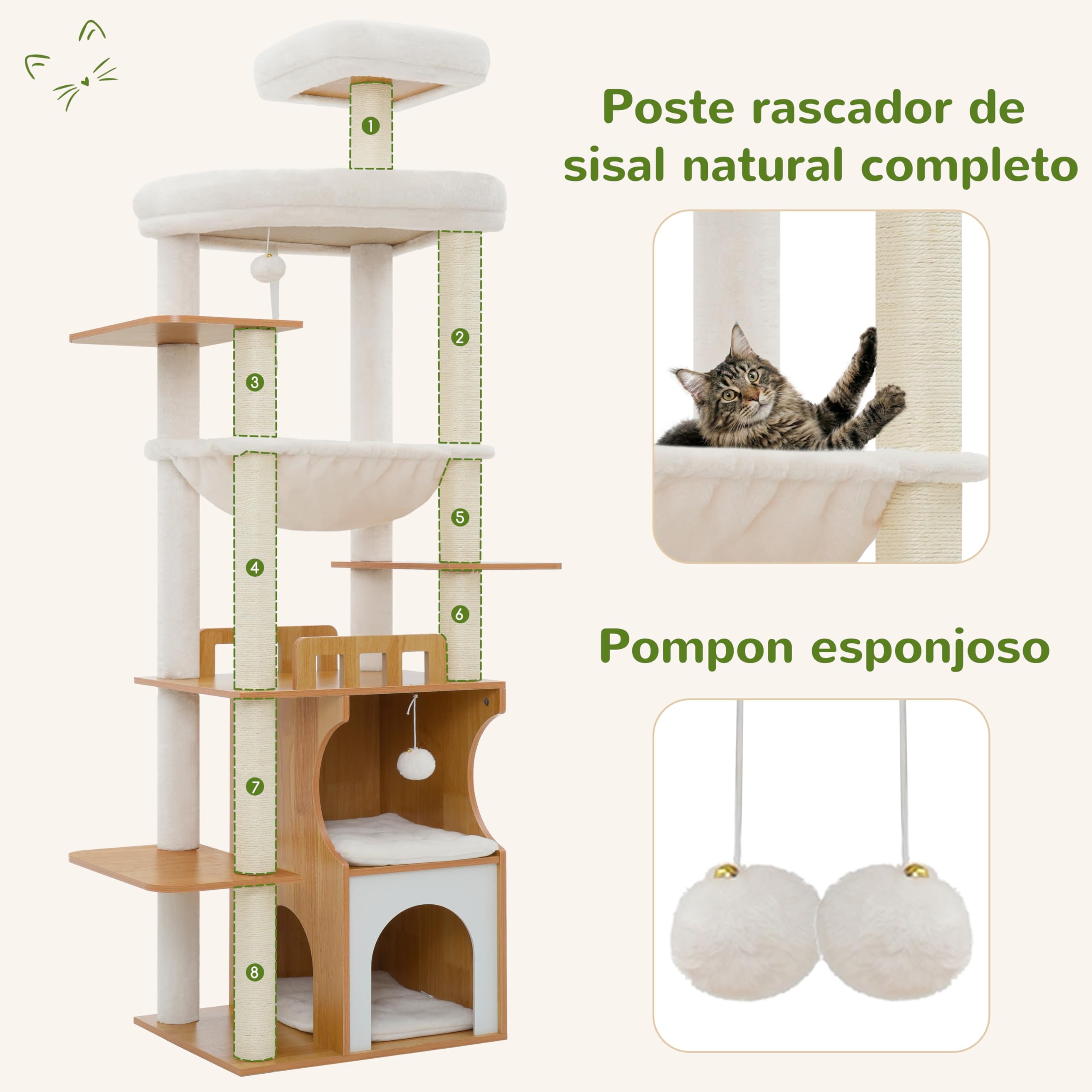 Gitelsnour rascador para Gatos, 180 cm Árbol para Gatos de Madera Grande, Mueble Moderno para Gatos con Cuevas de Madera Doble, 2 Plataformas, Hamaca y Postes rascadores, Nogal GCT102WB
