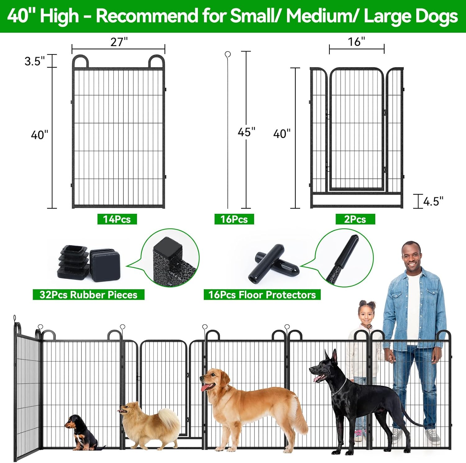 Dog Playpen Outdoor 16 Piece Panels Heavy Duty Dog Fence 40" Height Anti-Rust with Doors Portable for RV Camping Yard, Total 36FT, 102 Sq.ft, Snowy Black