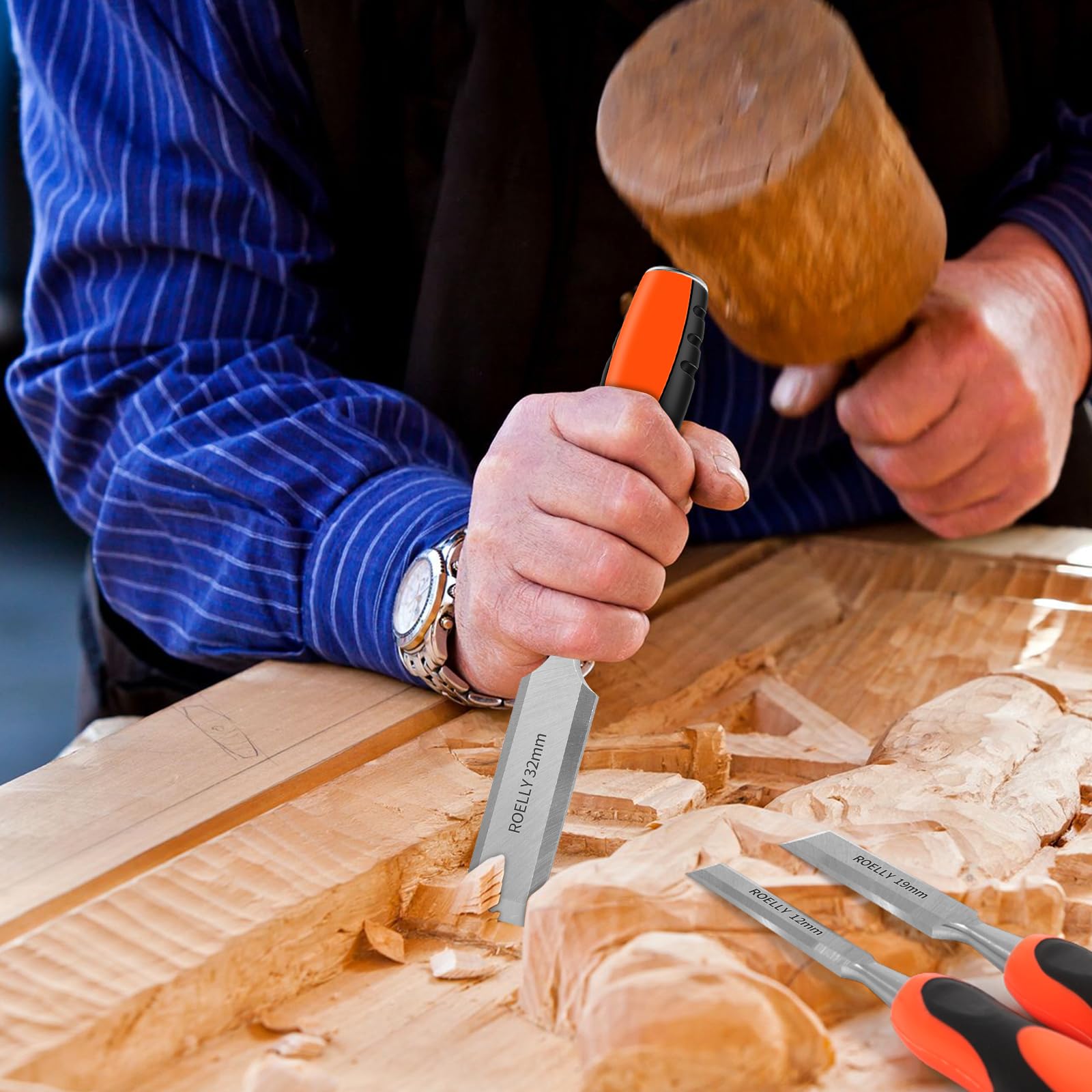 ROELLY Ciseaux a Bois Professionnels 6 Pièces, 6, 12, 19, 25, 32, 38 mm, Gouge a Bois,Outils Menuiserie，Lames Tranchantes Avec Poignées Confortables pour La Sculpture Sur Bois