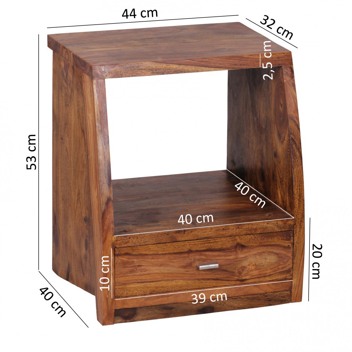 FineBuy Nachttisch 45x40x53 cm Sheesham Massivholz mit Schublade