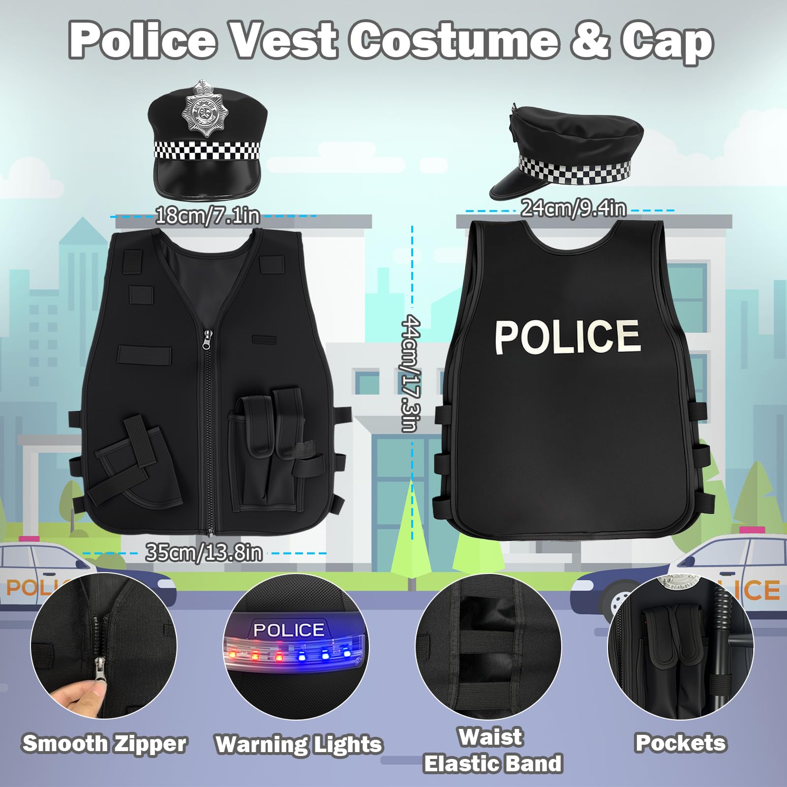 KalaDuck Kids Police Costume Toys, 17PCS Accessories with Hat, Vest, Handcuffs and Toy Gun - Image 2