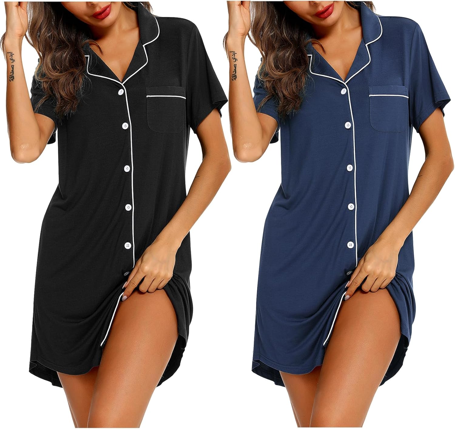 Samring 2 Pack Nightgowns for Women Short Sleeve Sleepwear Button Down Nightshirts Sleep Shirts Boyfriend Pajama Dress